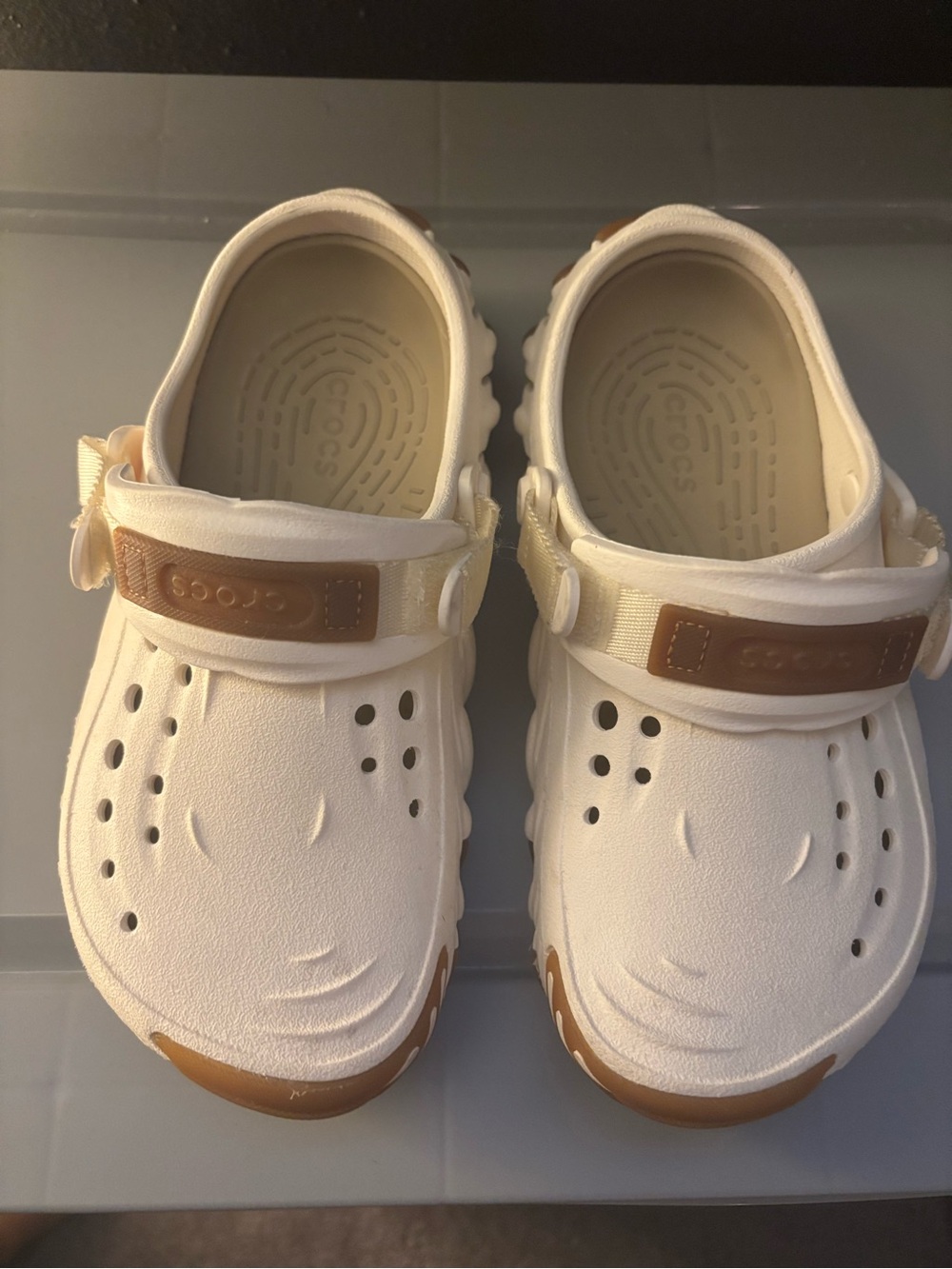 CROCS White and Tan Classic Comfort Clogs